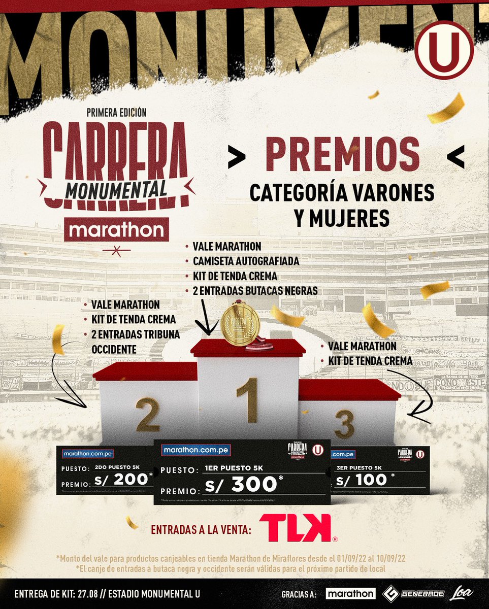 ¡𝗙𝗔𝗟𝗧𝗔 𝗣𝗢𝗖𝗢 𝗣𝗔𝗥𝗔 𝗟𝗔 𝗖𝗔𝗥𝗥𝗘𝗥𝗔 𝗠𝗢𝗡𝗨𝗠𝗘𝗡𝗧𝗔𝗟 𝗠𝗔𝗥𝗔𝗧𝗛𝗢𝗡! 💪

Estos son los premios de la primera carrera en la historia de la familia crema.

¡Todos juntos este domingo! 🥇 🏃

🎟 Compra aquí ▶️ bit.ly/3ORVy3q

#YDaleU
