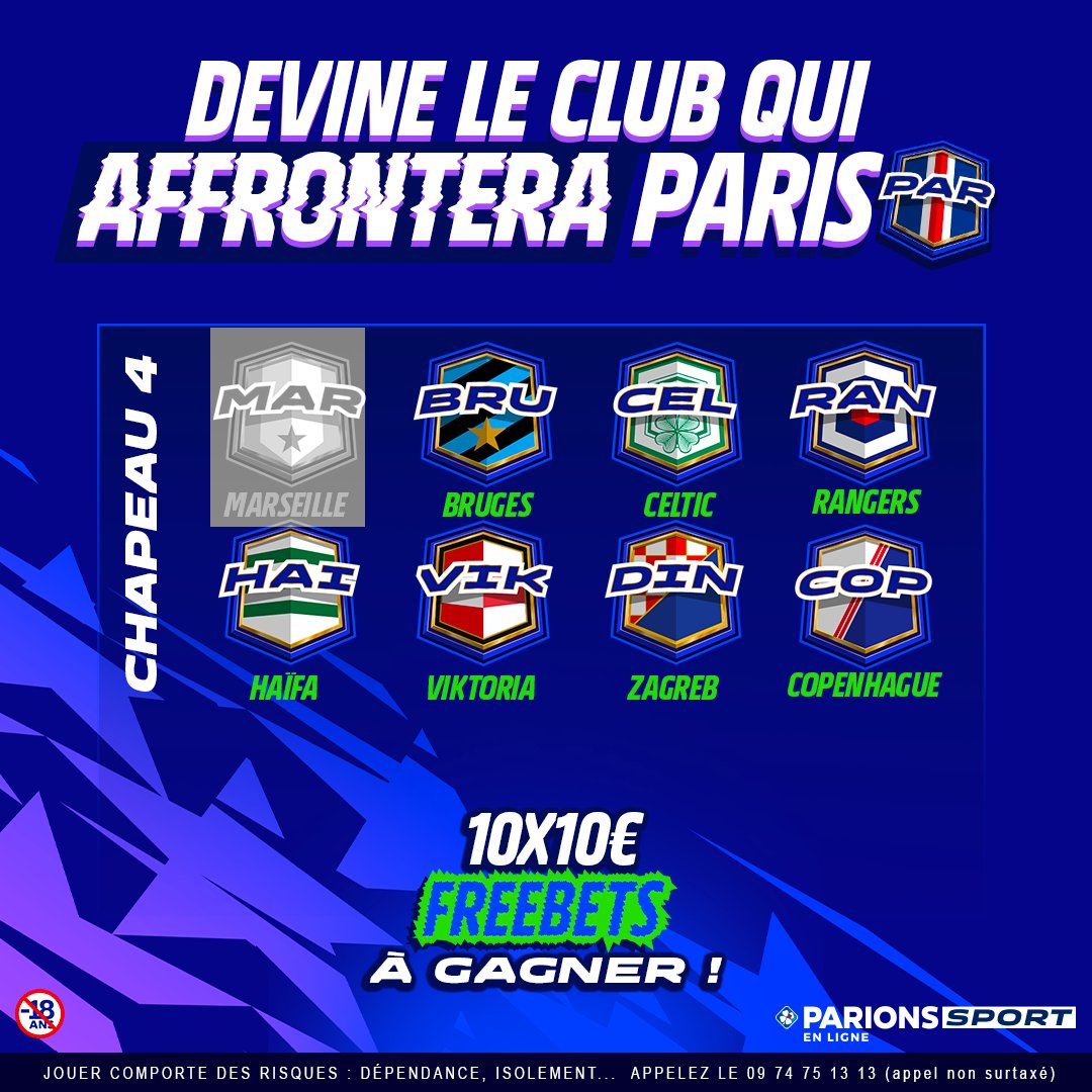 ParionsSport's tweet photo. 🔵🔴 On connaît enfin tous les clubs du chapeau 4 et l'un d'entre eux affrontera le PSG, mais lequel ? 

10x10€ si tu trouves le club du chapeau 4 qui tombera dans le groupe du PSG  🤩

Pour jouer : 
1️⃣ RT + Follow @parionssport
2️⃣ Répondez avec le club + #ParionsSportxPSG https://t.co/piPoTwvXpm