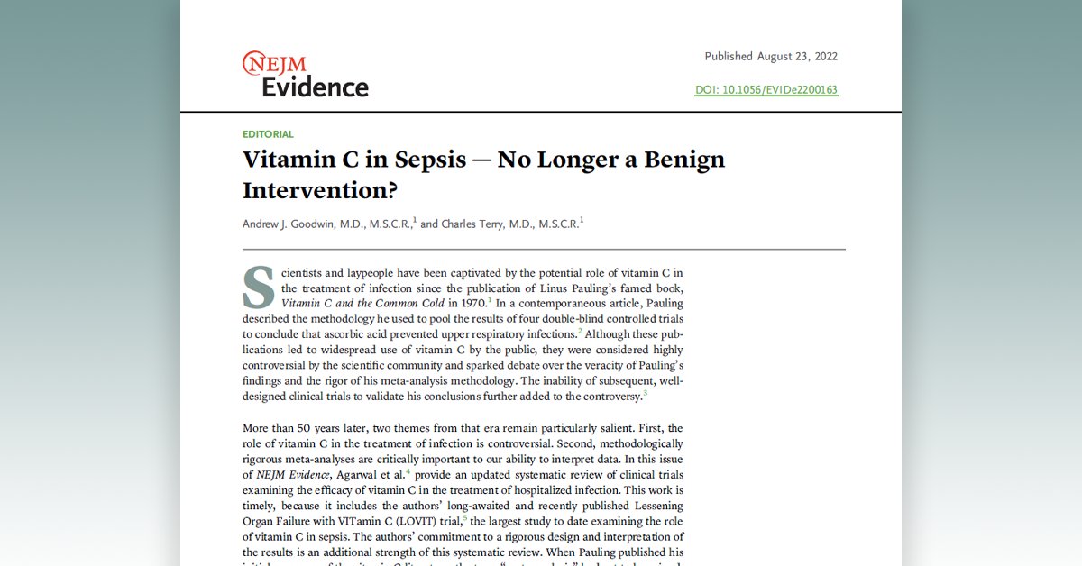 NEJM Evidence (@nejmevidence) on Twitter photo Editorial: “Vitamin C in Sepsis — No Longer a Benign Intervention?,” by Andrew J. Goodwin, MD, MSCR, and Charles Terry, MD, MSCR. eviden.cc/3oTfY0T
#CriticalCare #VitaminC #MedTwitter <a href="/MUSC_COM/">MUSC College of Medicine</a> @MUSCPR <a href="/ArnavAgarwalMD/">Arnav Agarwal</a> <a href="/CritCareReviews/">Critical Care Reviews</a> Editorial: “Vitamin C in Sepsis — No Longer a Benign Intervention?,” by Andrew J. Goodwin, MD, MSCR, and Charles Terry, MD, MSCR. eviden.cc/3oTfY0T
#CriticalCare #VitaminC #MedTwitter <a href="/MUSC_COM/">MUSC College of Medicine</a> @MUSCPR <a href="/ArnavAgarwalMD/">Arnav Agarwal</a> <a href="/CritCareReviews/">Critical Care Reviews</a>