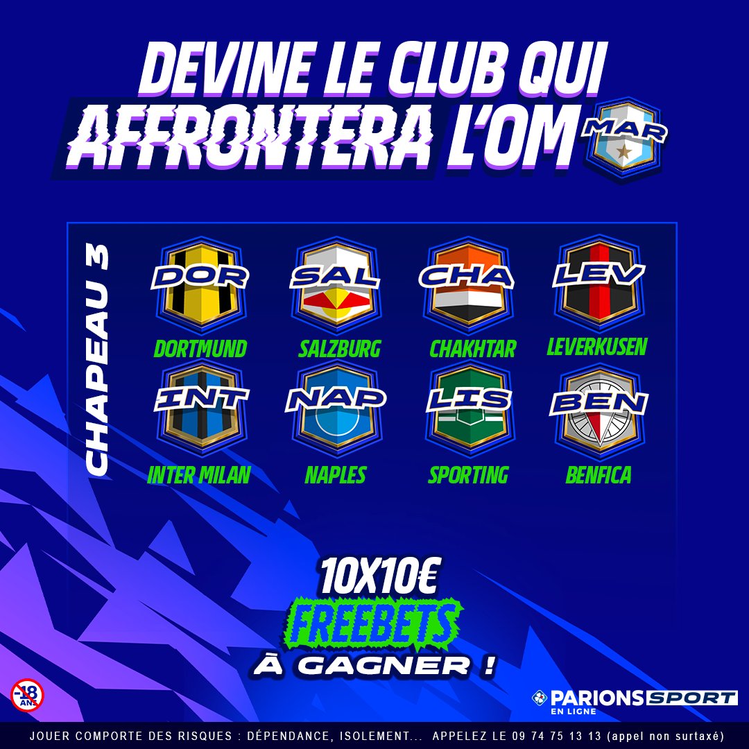 ParionsSport's tweet photo. 🔵⚪️ Pour finir, quel club du chapeau 3 affrontera l'OM ? 

On offre 10x10€ de freebets pour ceux qui trouvent le club du chapeau 3 qui tombera dans le groupe des Marseillais 🤩

Pour jouer : 
1️⃣ RT + Follow @parionssport
2️⃣ Répondez avec le club + #ParionsSportxPSG https://t.co/AO6eaKXOyk