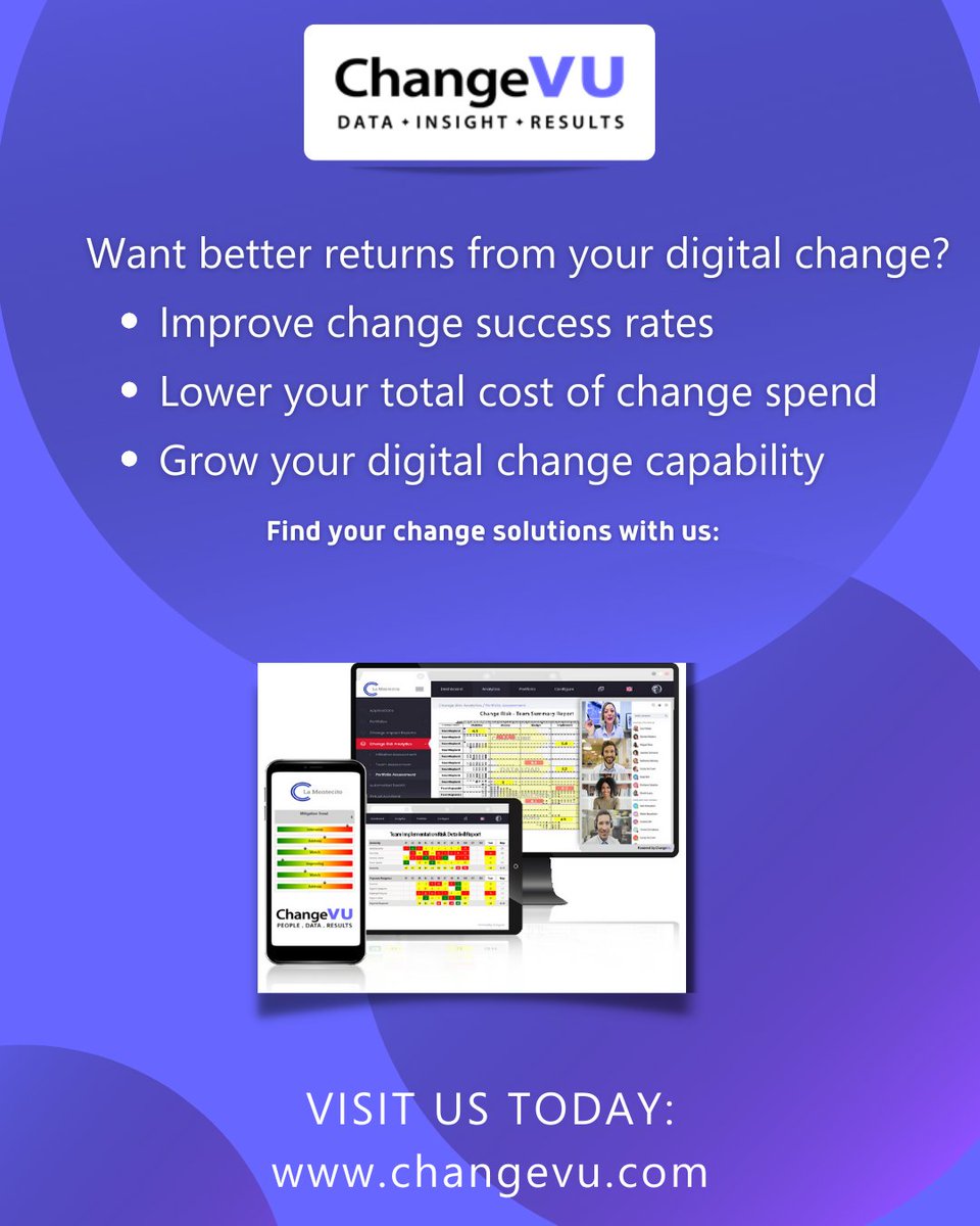 ChangeVU_'s tweet photo. Do you know your Change Risks?
Dramatically improve project success rates, lower your total cost of change spend, and grow your change capability - all with one platform. Visit ChangeVU today to enable your team to succeed: https://t.co/FiomRTtkNi
#digitalchangemanagement https://t.co/UysJVtFTz1