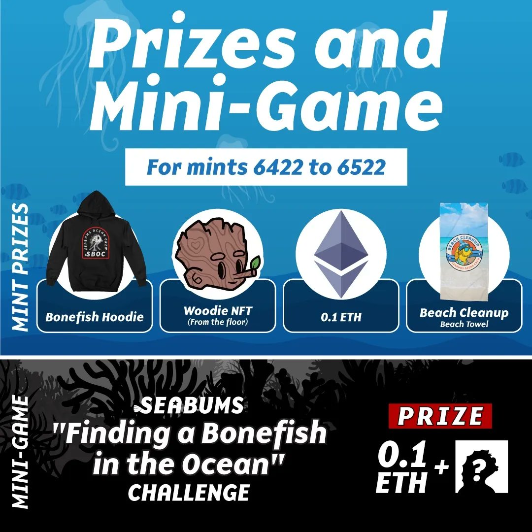 ✨ Don’t miss out! ✨ 
Giveaway and fun for the next 100 mints! 
The following prizes and mini-game apply to mints 6244-6522. 
#NFTGiveaways 
#Seabumsnfts
#OceanConservation
#NFTSforGood