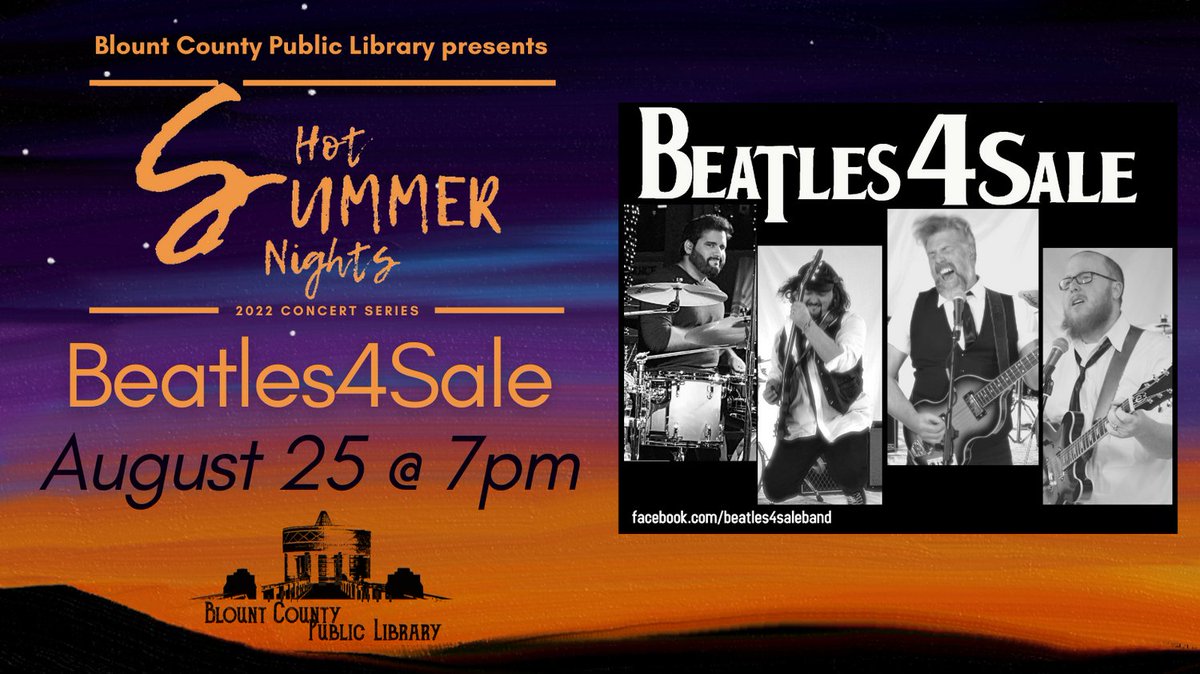 Join us tonight for our last concert of the 2022 series for Hot Summer Nights! We'll be hosting Beatles4Sale at 7 PM tonight in the Gallery!

#LibraryFun #LibrarianFun #BCPLTN