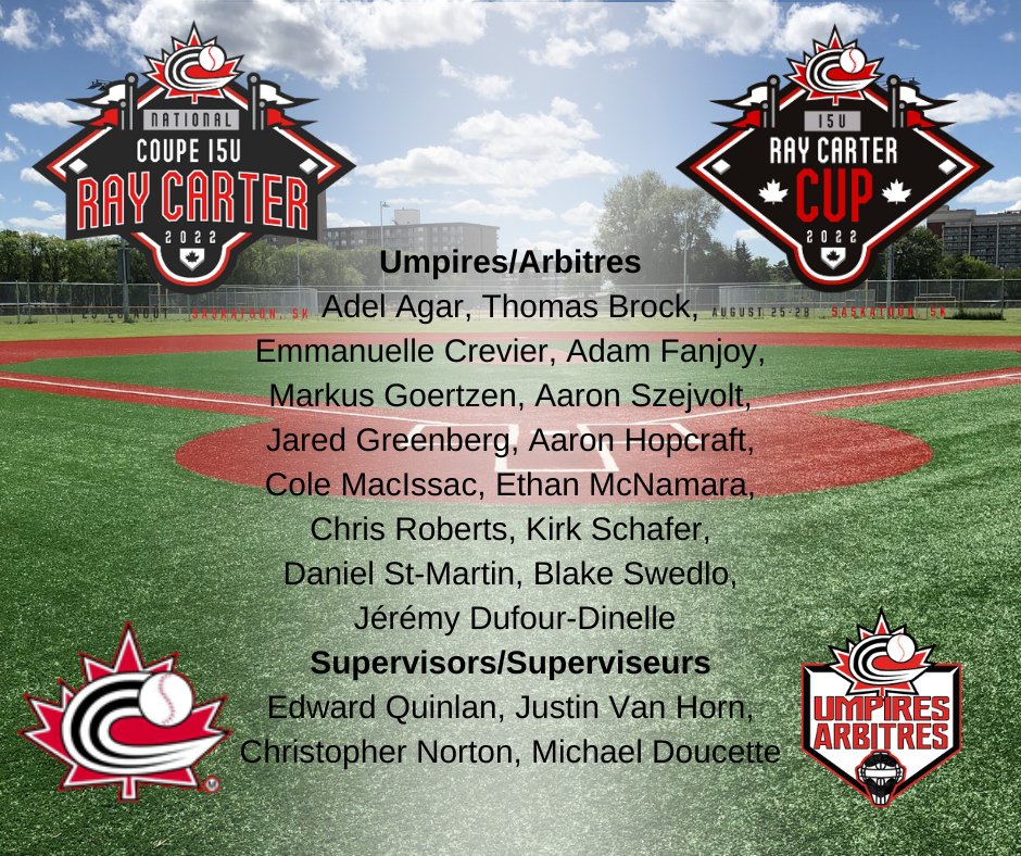 We wish a great tournament to all the umpires at the 15U Boys Ray Carter Cup Championship in Saskatoon, Sask.
Nous souhaitons un bon tournoi à tous les arbitres au Championnat 15U garçons, Coupe Ray Carter à Saskatoon, Sask.