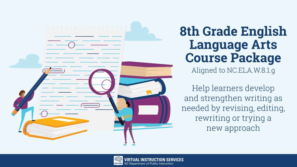 NCRethinkEd's tweet photo. Find the 8th grade ELA #blendedlearning course package for NC standard ELA.W.8.1.g on #GoOpenNC. There are class activities, formative assessments, homework assignments, lecture notes and more to help learning develop and strengthen their writing. https://t.co/iYhap0ReVa https://t.co/RoFGBIAzc8