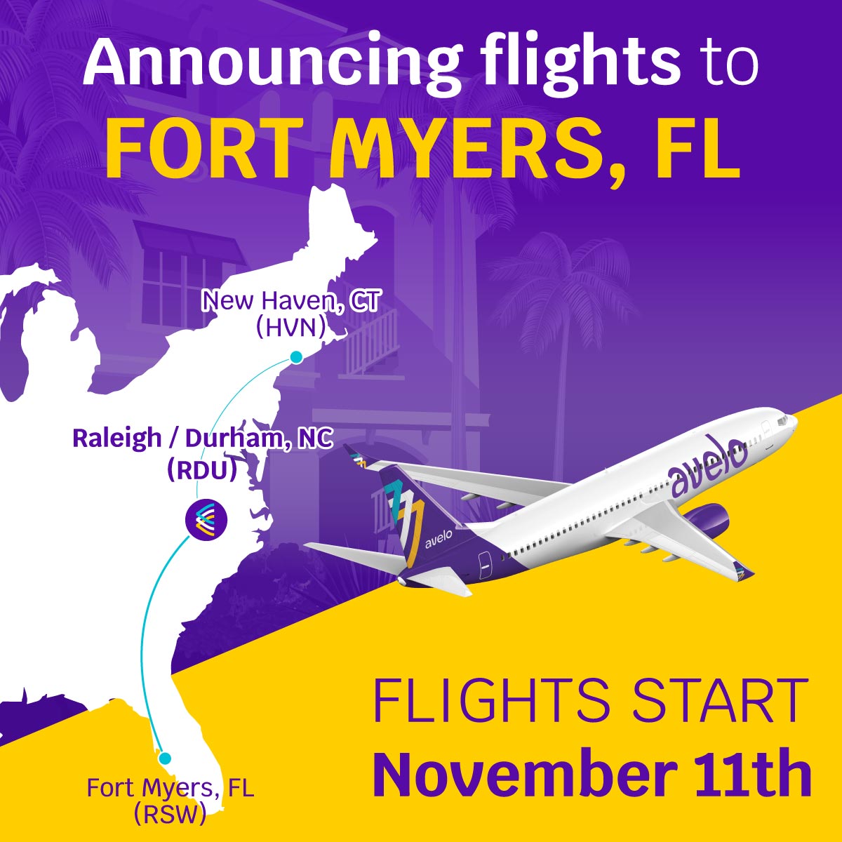 RDUAirport's tweet photo. 🟣 FORT MYERS 🟣 @AveloAir will connect RDU to Southwest Florida with new nonstop service to @RSWAirport! Flights start Nov. 11 and Tuesdays, Thursdays and Sundays. Tickets are on sale now at https://t.co/JDXXr1RZ24.

Read more: https://t.co/I3CkugdlRT https://t.co/Ui33AFD6jM