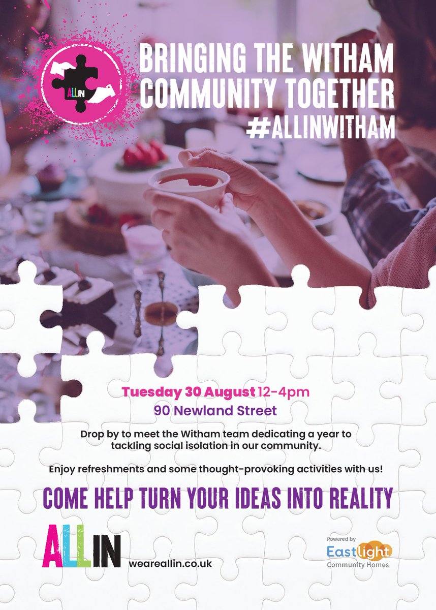 People of Witham! Come to a free CommuniTea Party next Tuesday, 12-4pm.

Join our All In Witham team at the United Reformed Church in Newland Street for games, competitions and free treats and drinks.

Learn about how the team are tackling social isolation - and get involved!
