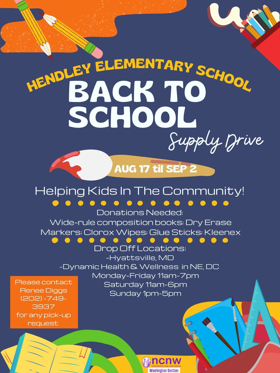 Ms. Baratta (@msbarattasclass) on Twitter photo Looking to give back to the community? Know someone who is? NCNW is running a supply drive for our wonderful scholars at <a href="/HendleyES/">Hendley Elementary</a>! Contact information in the flyer below.
Let's start the year strong! #gohornets #teamhen
<a href="/trayonwhite/">Trayon White</a> <a href="/CarleneDReid/">Carlene Reid</a> <a href="/dcpublicschools/">DC Public Schools</a> Looking to give back to the community? Know someone who is? NCNW is running a supply drive for our wonderful scholars at <a href="/HendleyES/">Hendley Elementary</a>! Contact information in the flyer below.
Let's start the year strong! #gohornets #teamhen
<a href="/trayonwhite/">Trayon White</a> <a href="/CarleneDReid/">Carlene Reid</a> <a href="/dcpublicschools/">DC Public Schools</a>