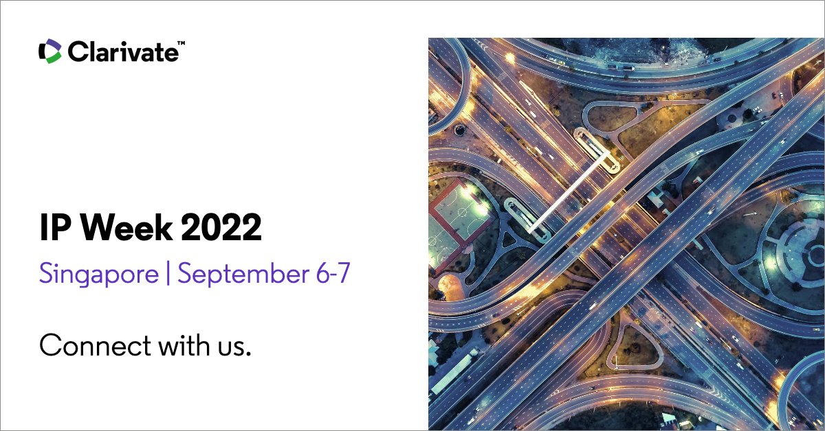 ClarivateIP's tweet photo. We hope to see you at #IPWeek2022 in Singapore next month! Be sure to visit with the @Clarivate team to discuss the #IP resources & product enhancements.
Find out more about the @ipofficesg event: https://t.co/048oSucquF
#ChartingOurFutureWithIP https://t.co/EJIQv6GPFn