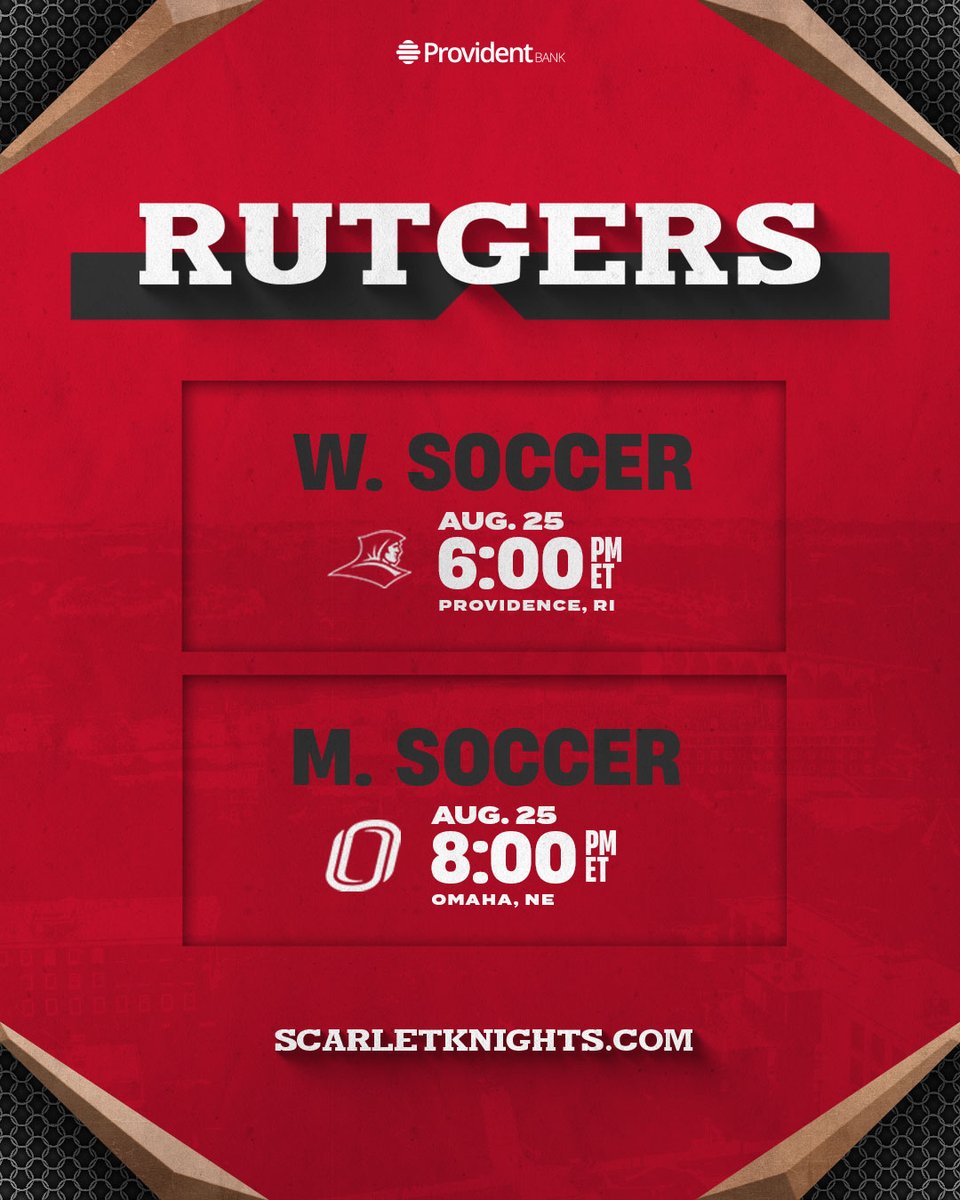 RUAthletics's tweet photo. ⚽

@RUWSoccer looks to build on its 2-0 start, while @RUMensSoccer kicks off the season in Omaha. #GoRU

Presented by @ProvidentBank https://t.co/3jgjiRB2aO