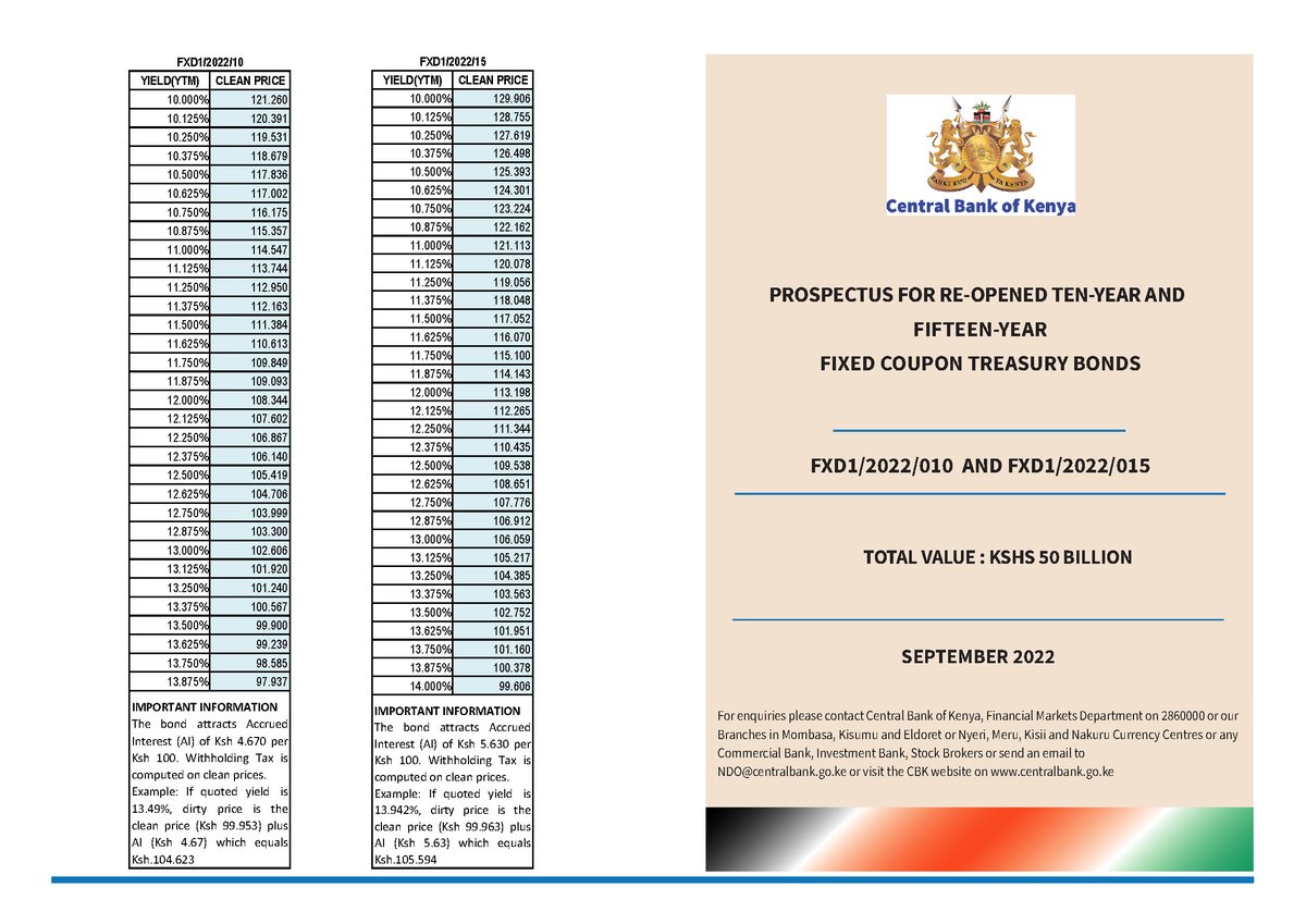 CBKKenya's tweet photo. Prospectus for Re-Opened Ten-Year and Fifteen-Year Fixed Coupon Treasury Bonds FXD1/2022/010 and FXD1/2022/015 https://t.co/gHBiku6WRG