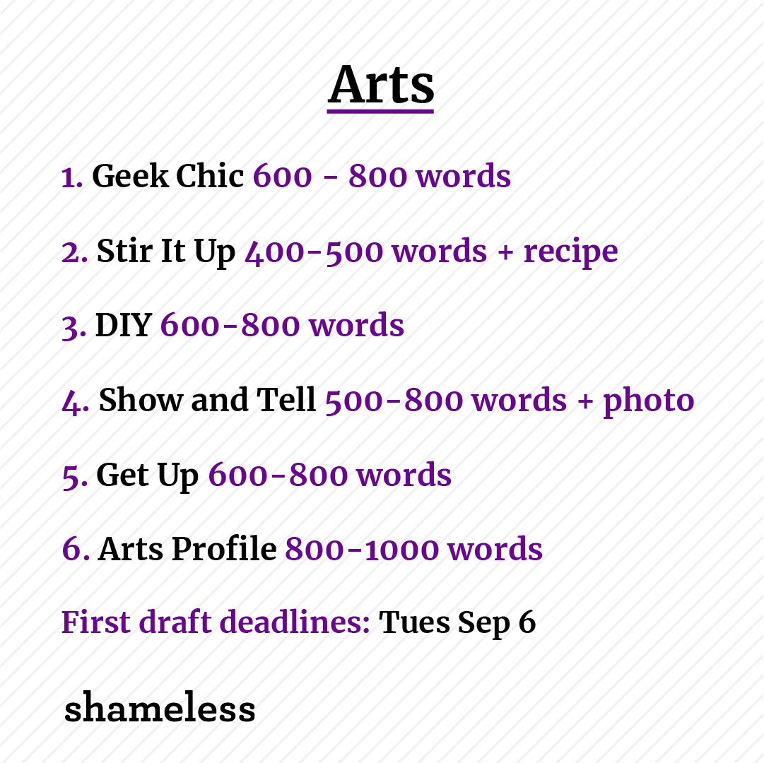 ARTS

1. Geek Chic 
2. Stir It Up 
3. DIY 
4. Show and Tell 
5. Get Up 
6. Arts Profile 

Word Count: Read doc 
First draft deadlines: Tues Sep 6

Interested writers should read this doc before pitching docs.google.com/document/d/1ST…