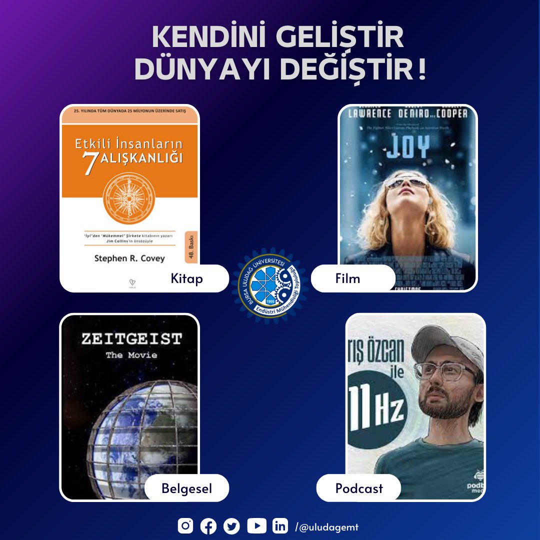 uludagemt's tweet photo. “Kendini geliştir dünyayı değiştir” serisi ile sizlerle tekrardan birlikteyiz .🌟İşte sizin için özenle seçtiklerimiz👇
#uemt #uludağüniversitesi #kitap #podcast #film #belgesel #öneri #bursa https://t.co/DIdmQf5Lgq