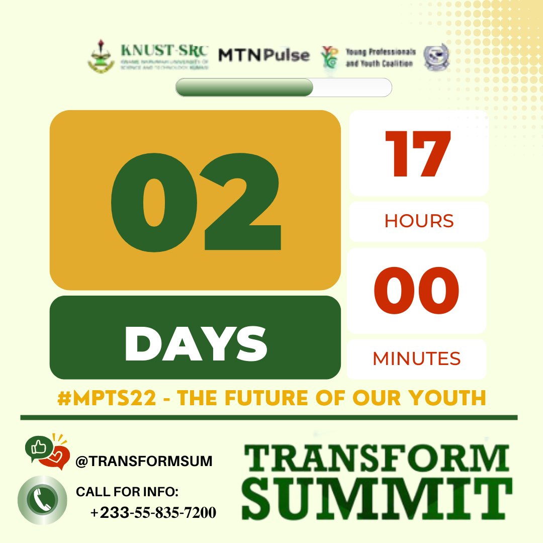 TransformSum's tweet photo. 𝐜𝐡𝐞𝐜𝐤 𝐨𝐮𝐭 bio to get a pass✍️🎟️
- The final count down⌛for the #MTNPulseTransform 2022 has started!
- This year, Africa's💡top #professionals, #students and #talents will meet in #Knust🎦on 27th August !
- The #YPRM Awards will take place during the event !
#MTNPulse https://t.co/56IpUaF03D