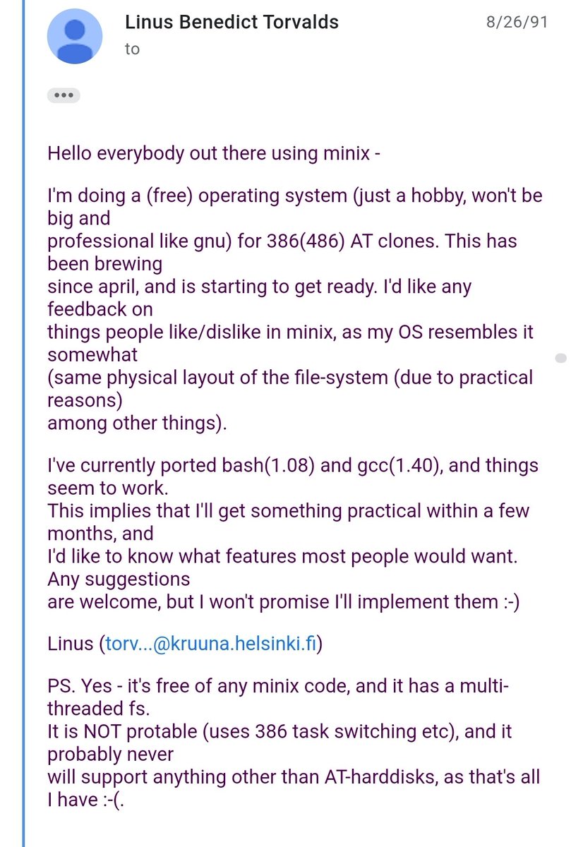 31 years ago Linus Torvalds sent this mail announcing the Linux project