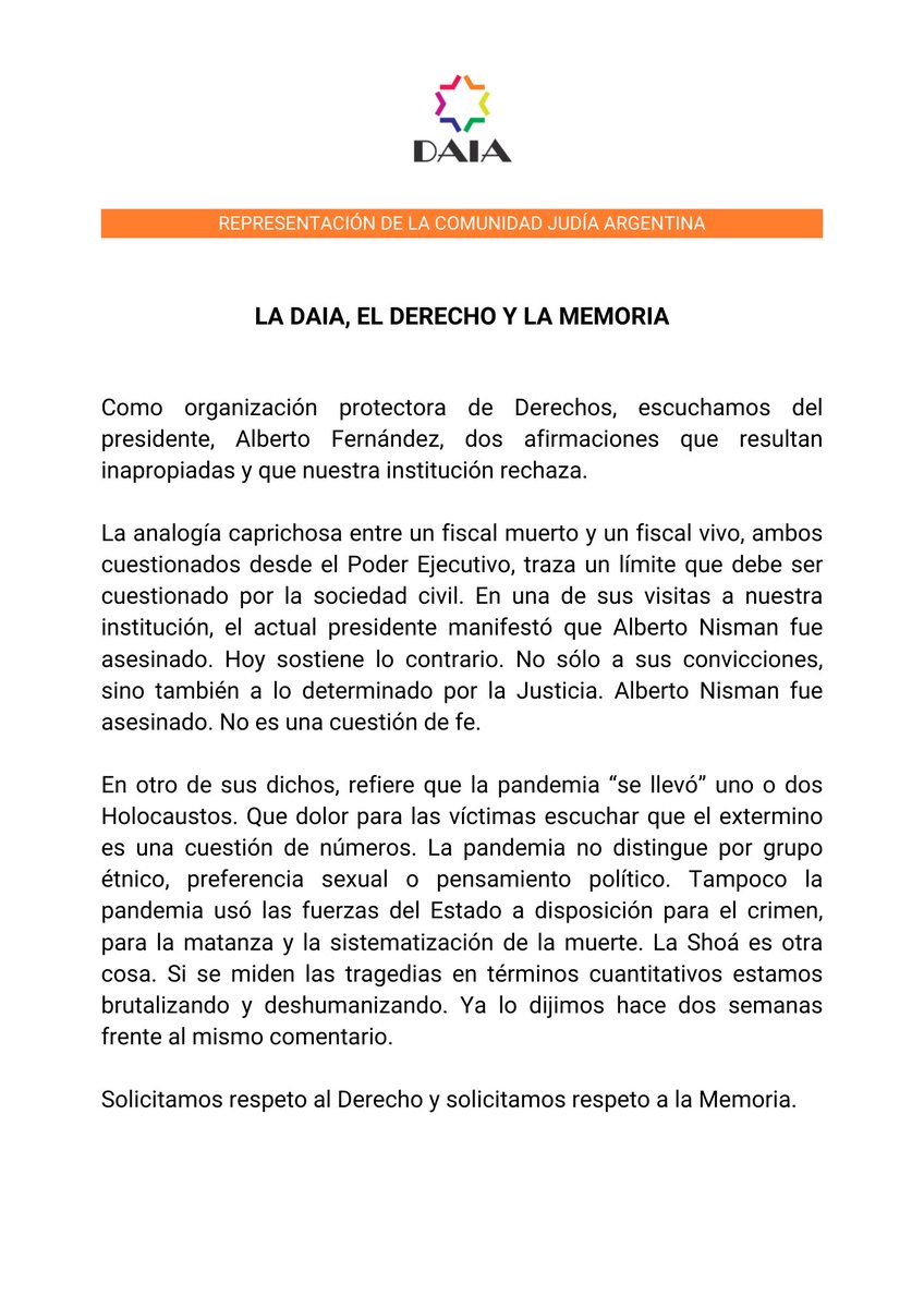 DAIAArgentina's tweet photo. Como organización protectora de Derechos, escuchamos del presidente Alberto Fernández dos afirmaciones que resultan inapropiadas y que nuestra institución rechaza. https://t.co/1rtKwSSFUq