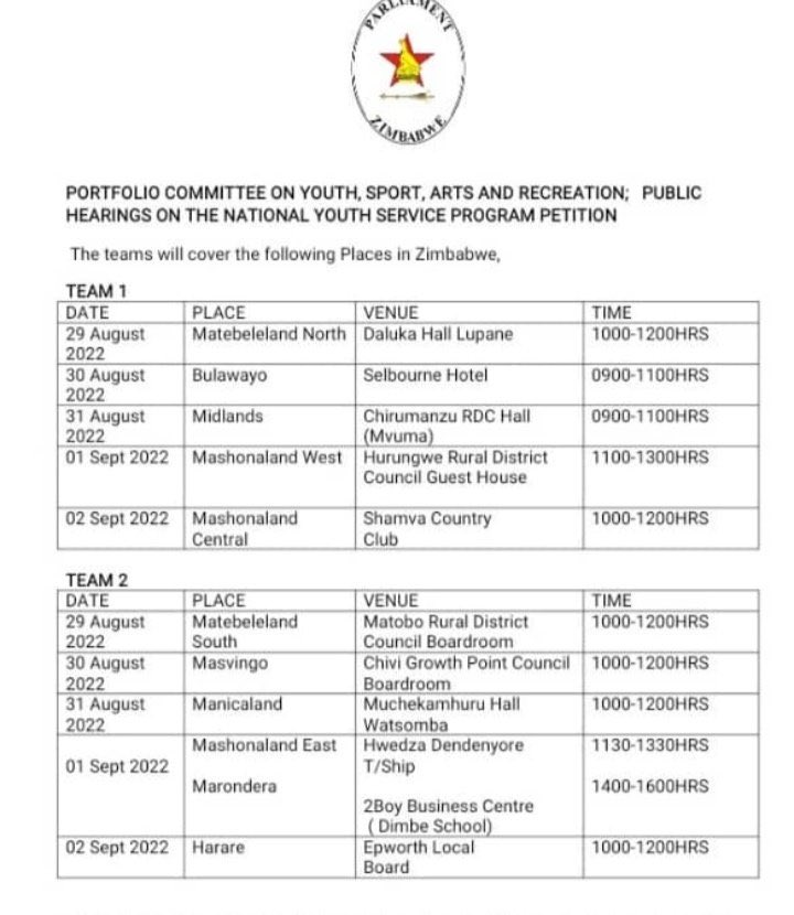 The Portfolio Committee on Youth, Sport, Arts and Recreation will be in Matobo on 29 August 2022 to hold a public hearing on the  National Youth Service Program Petition.

We encourage young people to attend and share their views in this platform. #MatoboDevelop