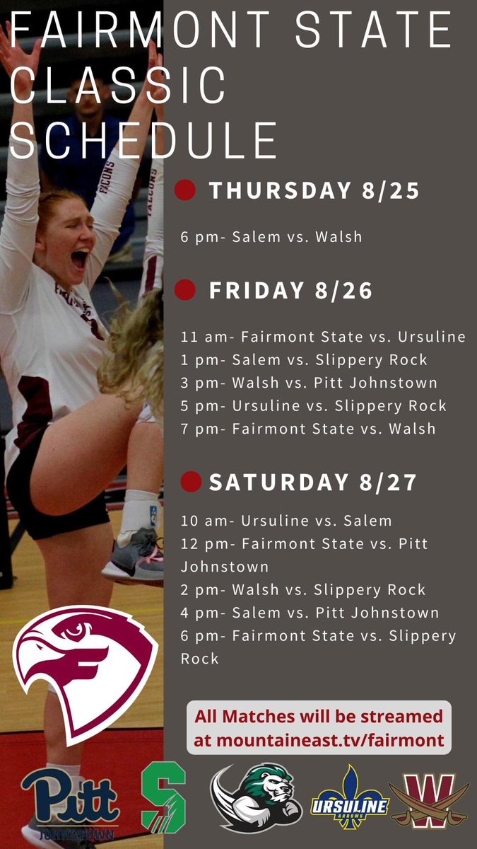 FairmontVball's tweet photo. Today kicks off the Fairmont State Classic with 11 matches in 50 hours at the Joe!   Tonight's opener features Salem taking on Walsh!

All matches will be streamed at https://t.co/FRB7Ex8n9X https://t.co/1oSMtkaLEh