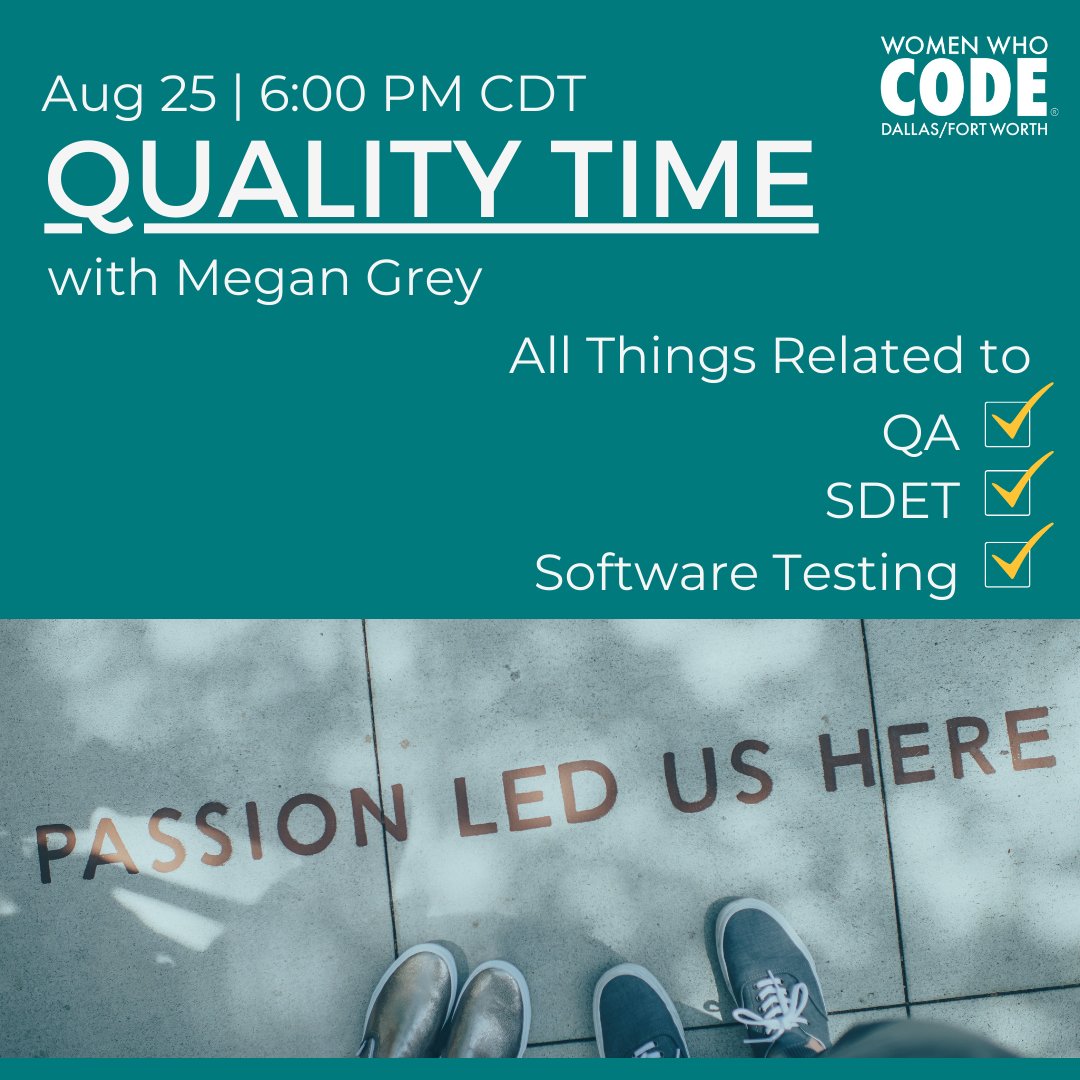 WWCodeDFW's tweet photo. Quality Time - #QA Chat Tonight 6:00PM CDT with our QA Tech Lead Megan Grey!
Bring your questions and QA topics. Letโs discuss!
RSVP on Meetup. Link in the comments.
#qualityassurance #sdet #softwaretesting #qaengineer #womenwhocode #womenwhocodedfw https://t.co/sFBrmOlNvj