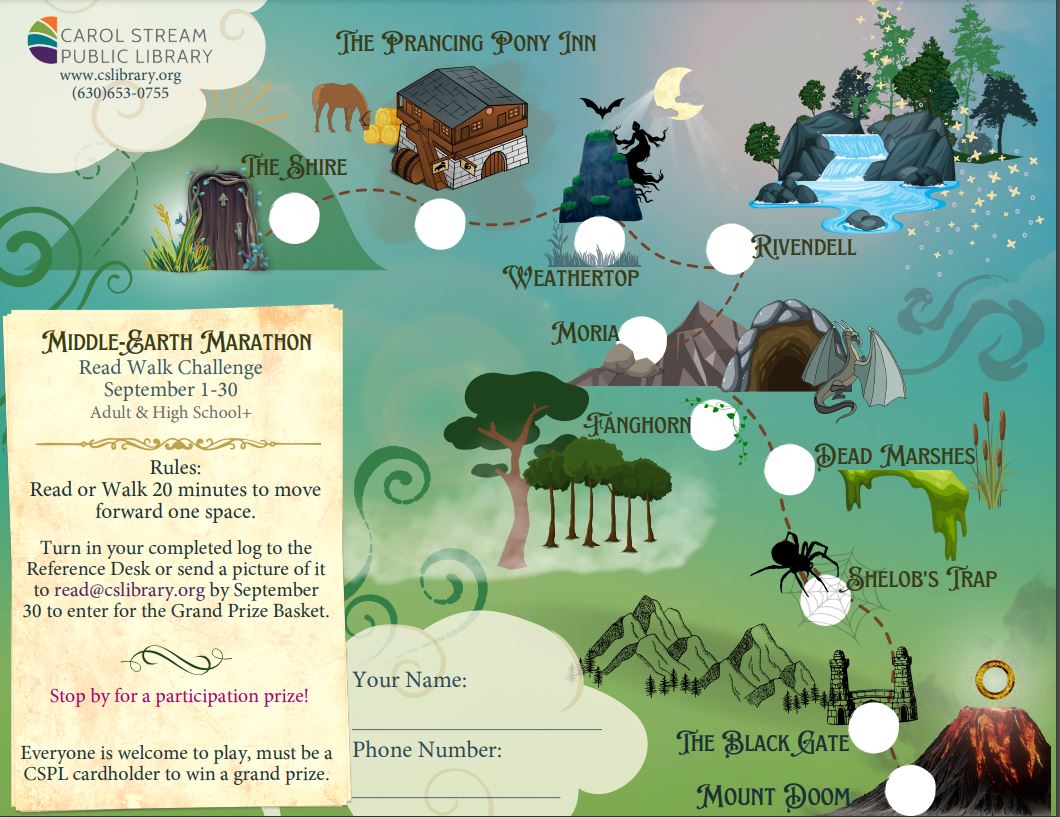We will doing a Middle-Earth walking challenge starting in September.  The prize basket includes all sorts of goodies including a Lord of the Rings monopoly board, coffee cup, a Legend of Zelda Game &amp; Watch, and more!  #LordoftheRings #CarolStream 

See: carolstream.librarycalendar.com/event/middle-e…