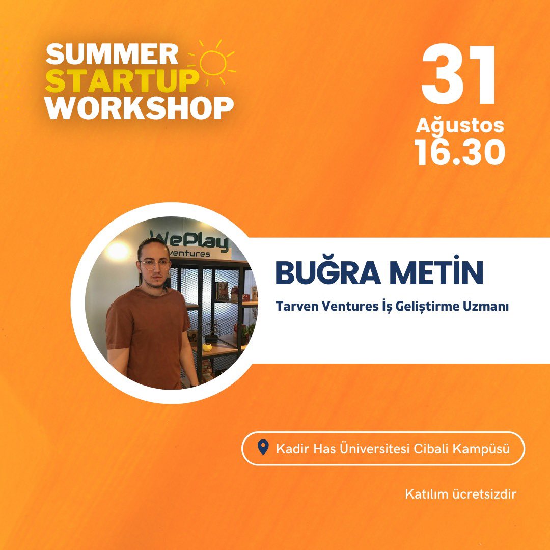 fullsepp's tweet photo. Summer Startup Workshop 31 Ağustos saat 16.30'da Kadir Has Üniversitesi Cibali Kampüsünde Tarvenn Ventures İş Geliştirme Uzmanı Buğra Metin konuğumuz olacak!
#fullsepp #khas #buğrametin #investment #dominoventures #tarvennventures #weplayventures #yatırım #analyst #keşfet https://t.co/duaifOTc0w