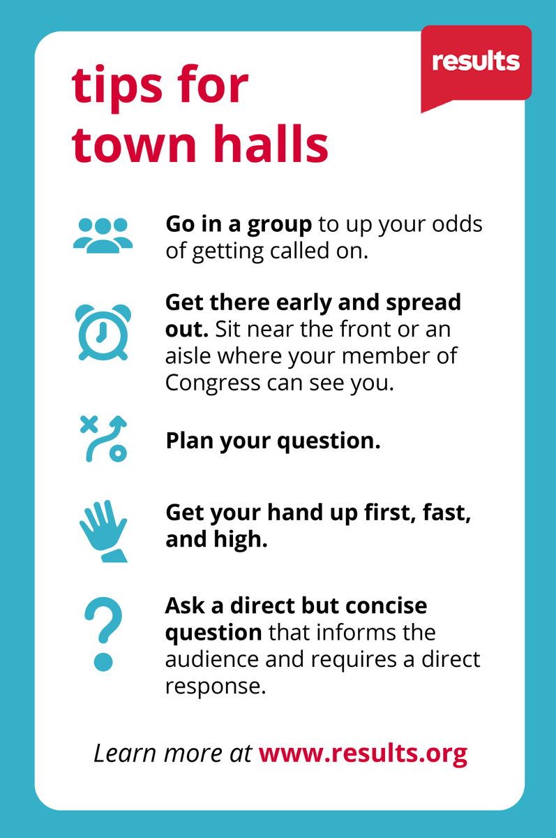 RESULTS_Tweets's tweet photo. Ever wondered how to make your voice heard in a town hall meeting? Read our five tips for town halls! #birddogging #TownHalls #Voices4RESULTS https://t.co/zkYVR0yiCo