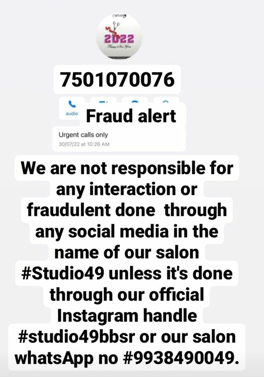 Studio49bbsr1's tweet photo. 💥Fraud Alert💥
We are not responsible for any interaction or fraudulent done through any social media in the name of our salon #Studio49 unless it's done through our official Instagram handle #studio49bbsr or our salon whatsApp no #9938490049.
@Cyberdost
Thread👇
#CyberCrime https://t.co/tXfeqMEEhI