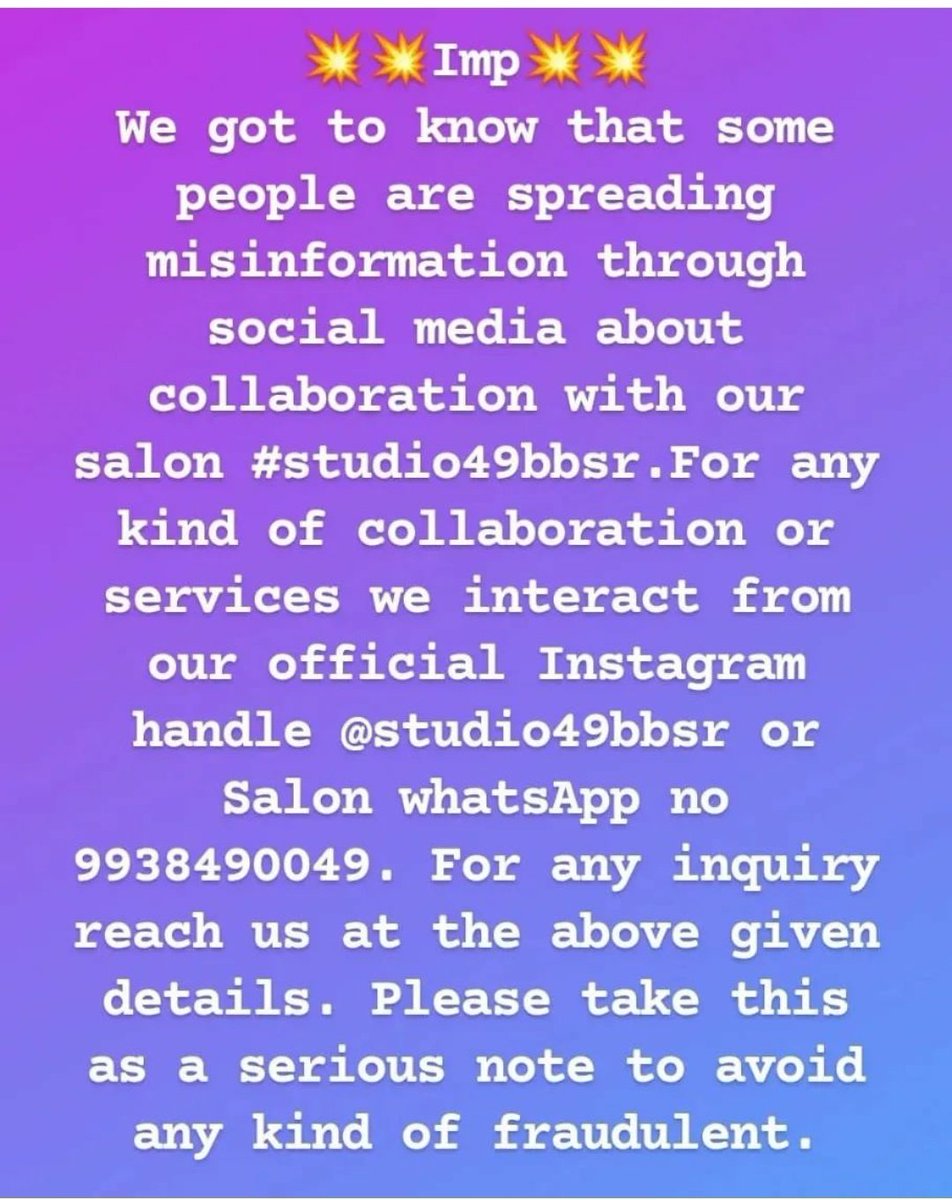 Studio49bbsr1's tweet photo. 💥Fraud Alert💥
We are not responsible for any interaction or fraudulent done through any social media in the name of our salon #Studio49 unless it's done through our official Instagram handle #studio49bbsr or our salon whatsApp no #9938490049.
@Cyberdost
Thread👇
#CyberCrime https://t.co/tXfeqMEEhI