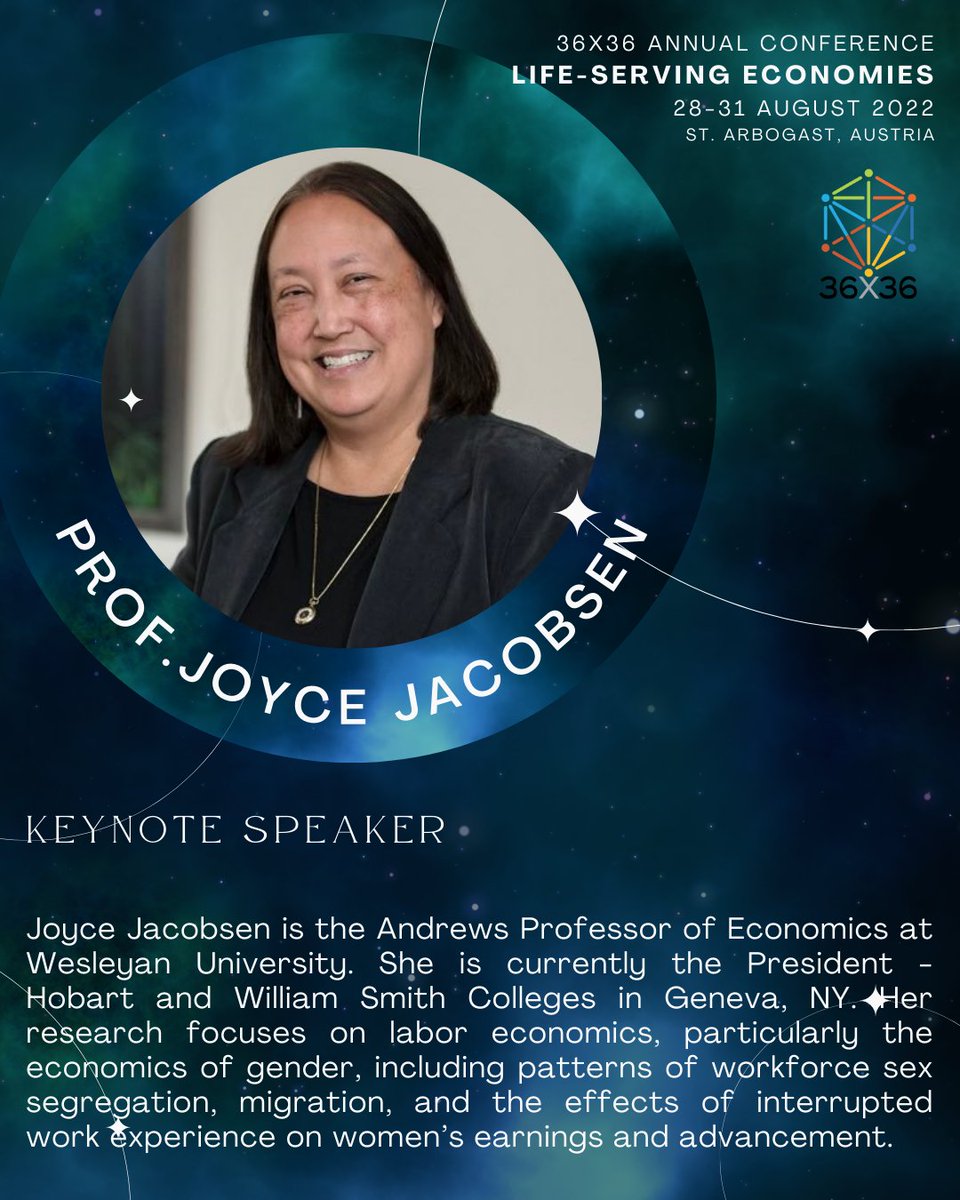 A torchbearer of #women in #Economics, Prof. Joyce Jacobsen of <a href="/HWSColleges/">HWS Colleges</a> will join us as a #keynote speaker for our first annual conference that starts on 28th August in the picturesque St. Arbogast in #Austria. For more info on our work, visit: 36x36.org