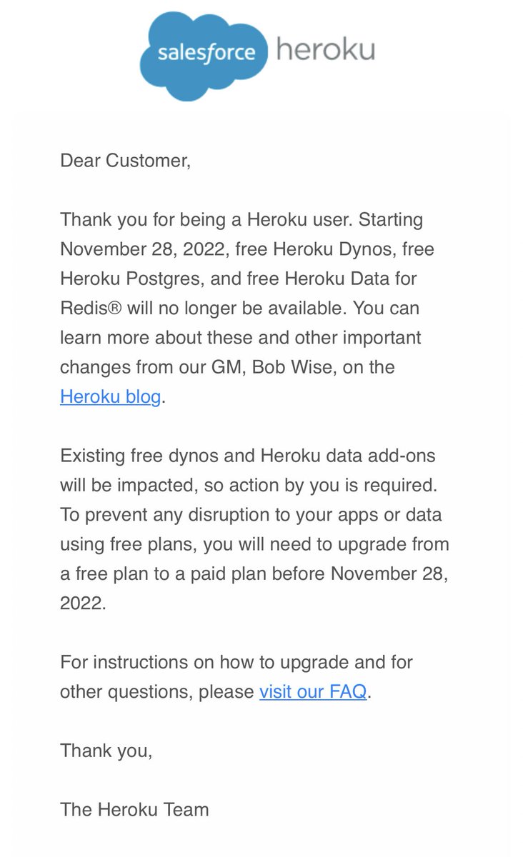 #Salesforce #heroku doesn’t offer a free tier anymore. I guess we will be moving our #projects somewhere else. Was nice while it lasted…