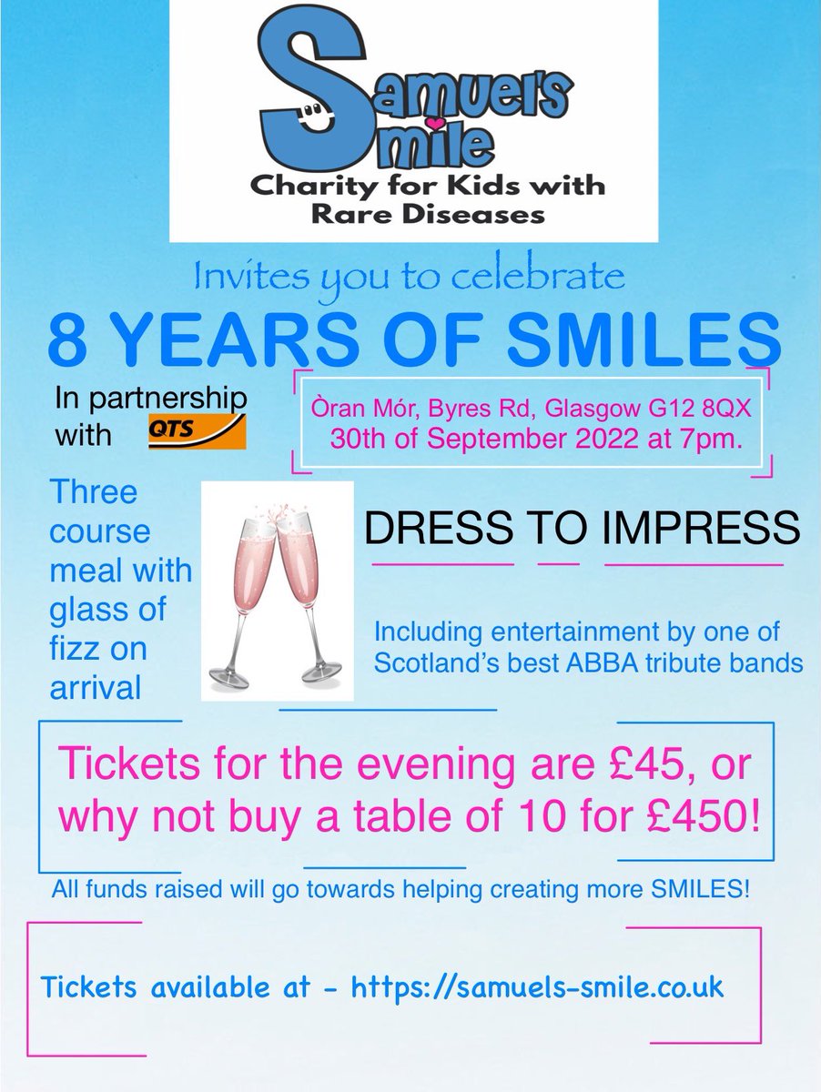 Samuels_Smile's tweet photo. Eight years of SMILES! 

Friday the 30th of September! A night not to miss… 3 course meal, glass of fizz on arrival and evening entertainment by one of Scotland’s best Abba tribute bands! 

A night not to miss! 

https://t.co/1FfGfcRy2g https://t.co/Xsv0NuPyNq