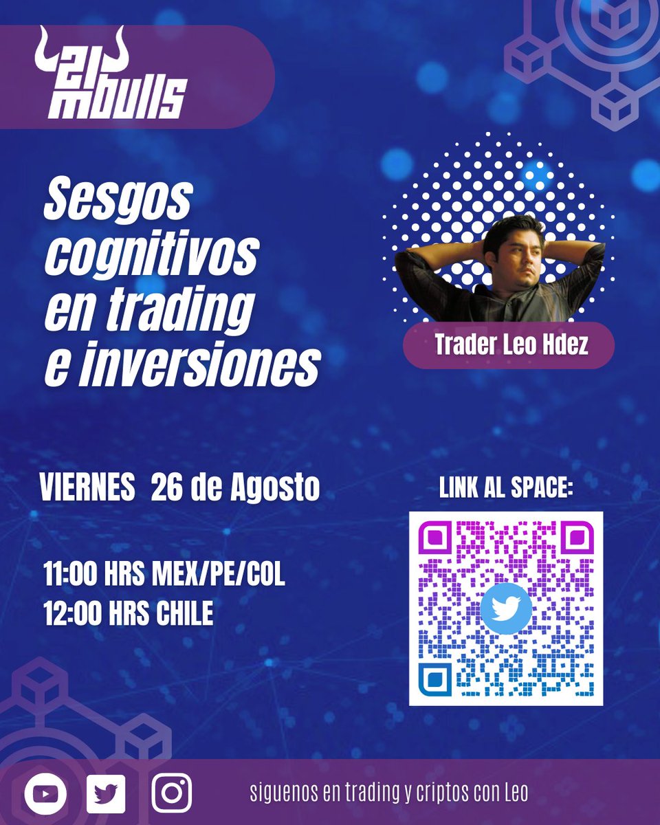 21MBulls's tweet photo. En esta charla @Leocriptogeek nos enseñará a reconocer los sesgos cognitivos en el #trading e inversiones #cripto que afectan tus resultados #xrp #Bitcoin #ETH #21MBulls https://t.co/EQP3bclvPz
