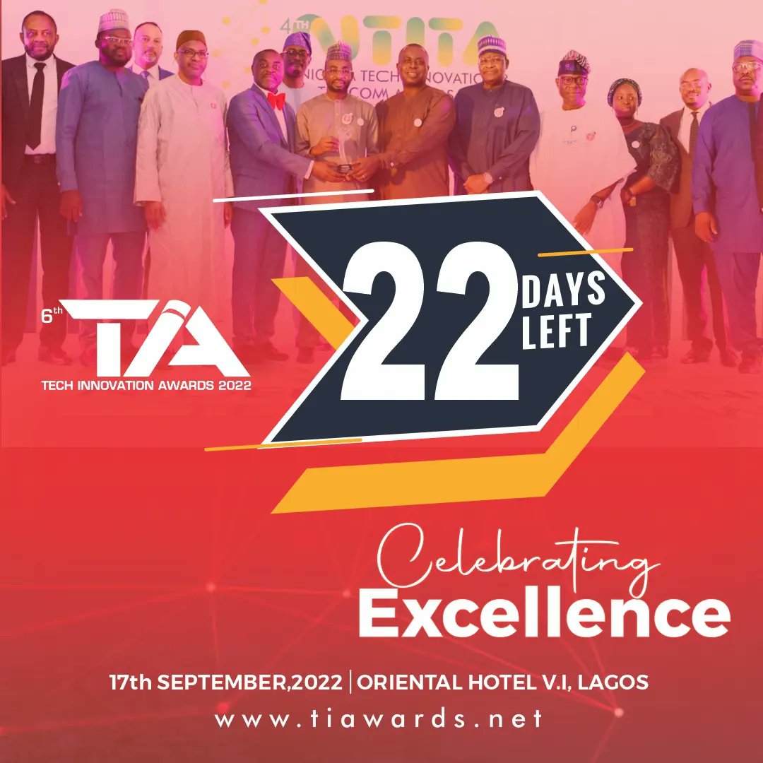 InstinctWaveGRP's tweet photo. 22 MORE DAYS TO GO ! 

TIA 2022 will be Live at Oriental Hotel, Lagos on 17th September 2022. 
 Submit entry:
Visit https://t.co/wHrzKOfYPn

#instinctwave #techinnovationawards #TIA2022 #CountdowntoTIA https://t.co/H59wcpXFDR