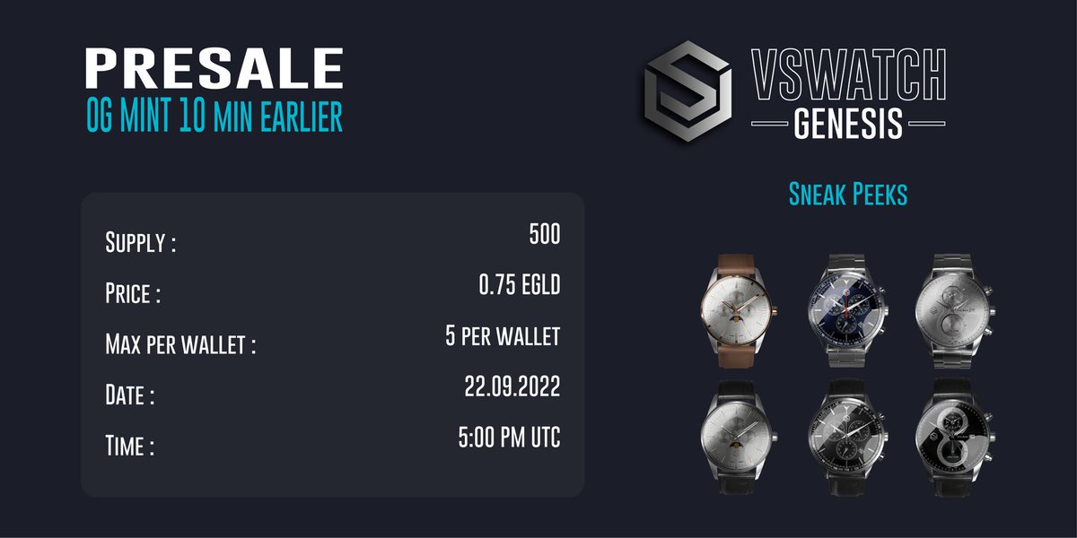 🎉#GIVEAWAY
⌚@vswatch_club

⚡LET'S CELEBRATE THE PRESALE DATE
⏳22.09 - 17h UTC - 0.75 $EGLD

🎁Prizes (13 winners)
🪙0.5 $EGLD
💰100K $LKMEX
💎X10 WL Spot ⌚🇨🇭

✅Follow @vswatch_club
✅Like&amp;RT
✅Tag 3 #Elrond friends
✅Join Discord
🔷discord.gg/dXKZwtam

🔥#ElrondGiveaway