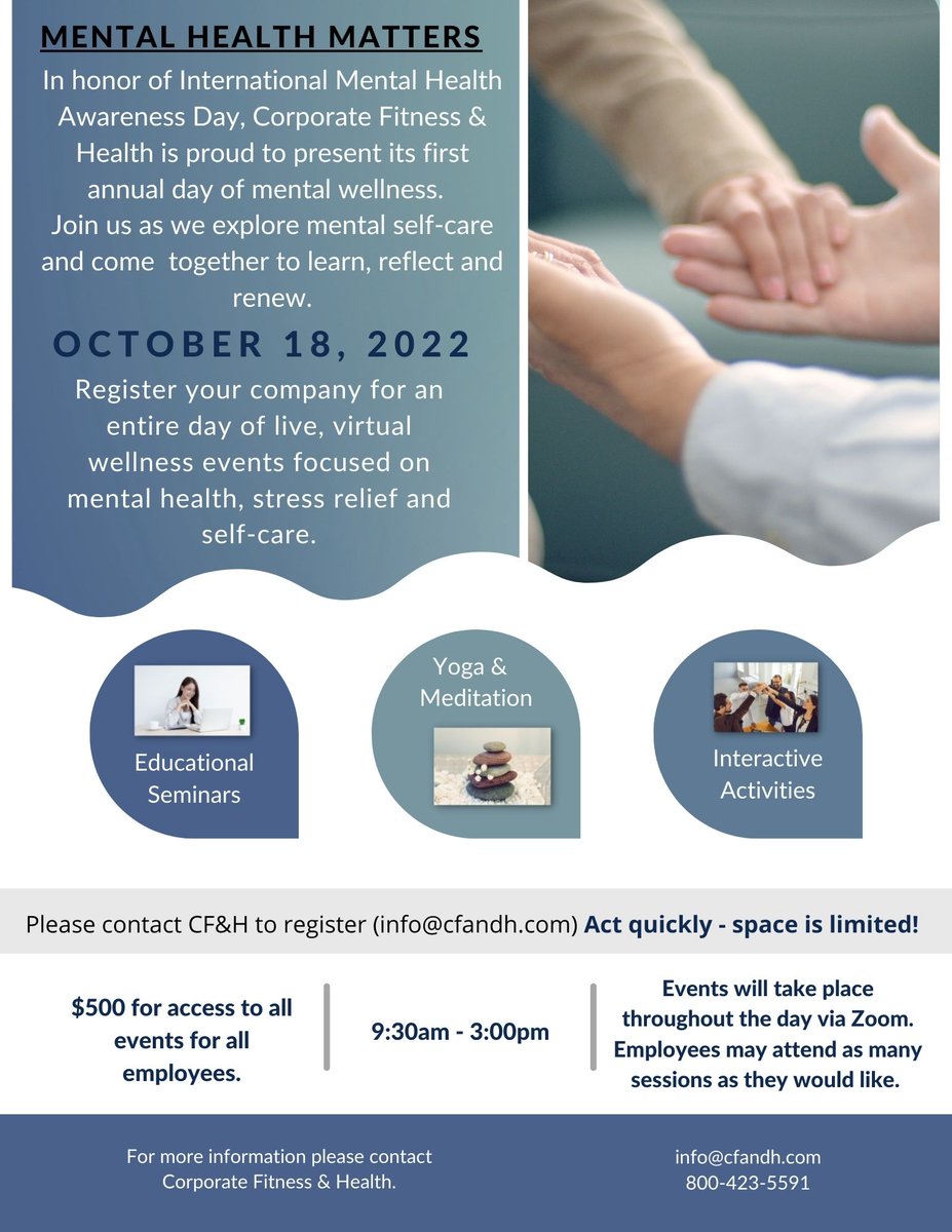 CFandH's tweet photo. Have you heard about our big event on October 18th? We are celebrating World Mental Health Day (which takes place over Columbus Day Weekend)! Come celebrate with us as we spend the day focusing on mental health!  Email us at info@cfandh.com to register! https://t.co/UBqKy9mcpY