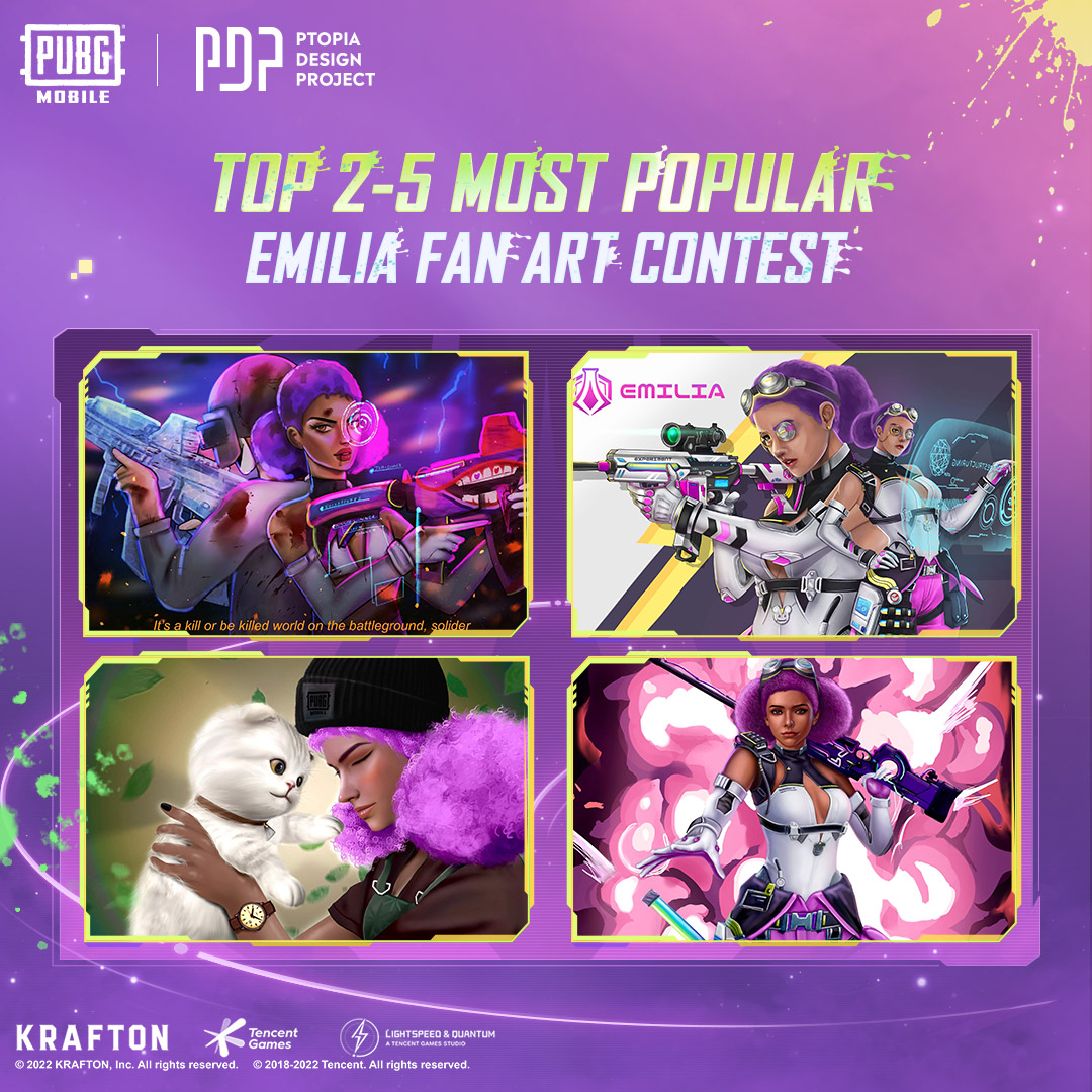 PUBGMOBILE's tweet photo. Congratulations to the winners of the Emilia Fan Art Contest 🏅

A huge thank you to everyone who submitted their work &amp; stay tuned for the next fan art contest! 

Who is Emilia? Download #PUBGMOBILE &amp; find out! 
🧪 https://t.co/pDL06srKAL

#pubgmpdp #PUBGMCREATIVE #PUBGMFANART https://t.co/9OJfynaZUt