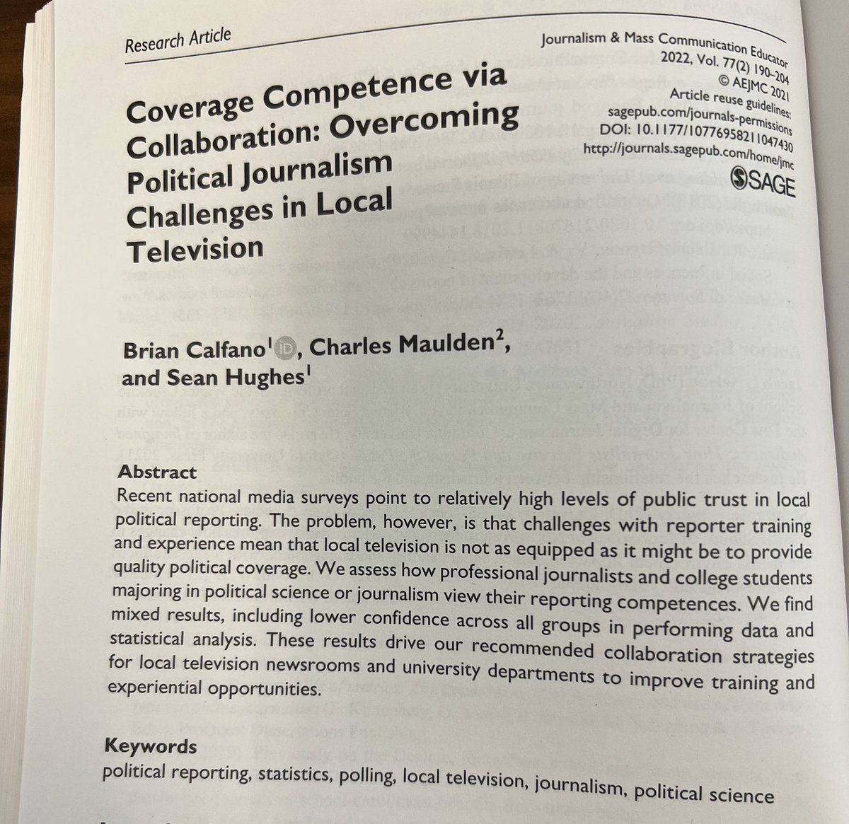 JeffBlevinsPhD's tweet photo. Going through my accumulated office mail from this summer I found this @AEJMC #JMCE article by my @JournalismUC colleagues Dept. Head @BCalfano and Director of Undergraduate Studies @seanhug! @uofcincy @uc_artsci @spia_uc #NextLivesHere for journalism education! https://t.co/HDc7fYstw3