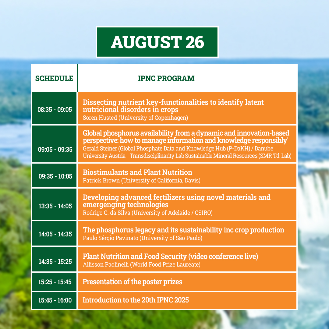 ipnc2022's tweet photo. Check out the schedule for the last two days of the 19th International Colloquium on Plant Nutrition. Know the agenda, the activities and the professionals who will participate.
See the full program at https://t.co/yyKVrhhAPq 👈
#IPNC #Colloquium #PlantNutrition #CropProduction https://t.co/VPLduEvCD2
