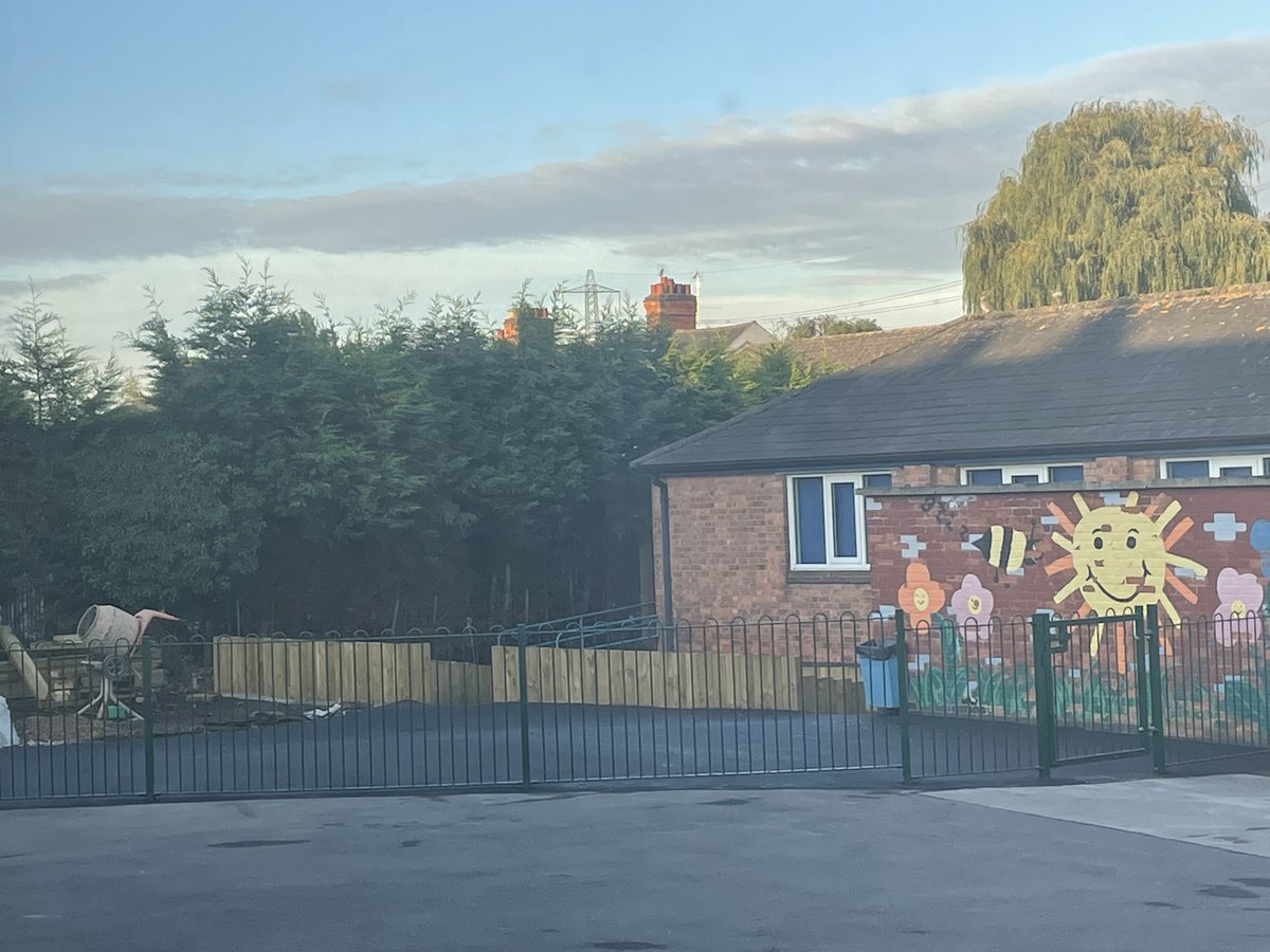 latimerprimary's tweet photo. Spot the difference? 🤩 Mr Moore has had a VERY busy summer and we are so grateful! #nomorerustyrailings #shinyshinyfloor #tarmac #newsheds #newgardenarea #workinprogress #blametherain #grateful https://t.co/cLNGgjvHwg