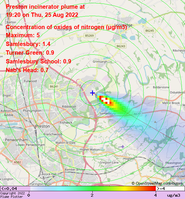 plumeplotter's tweet photo. Latest Preston incinerator plume plot, 19:20 25/08/22 #Samlesbury #TurnerGreen #NabsHead https://t.co/vYUTMnMosU https://t.co/1DfqnvLGHH