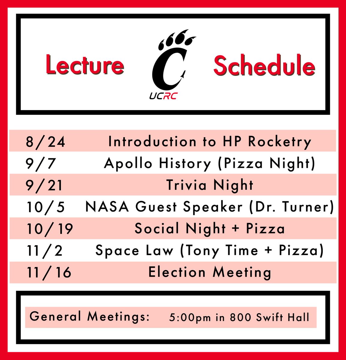ucrocketry's tweet photo. We’ve updated our lecture schedule! Note the NASA Guest Speaker on October 5th and the added pizza days… https://t.co/Nqa1kbmTST