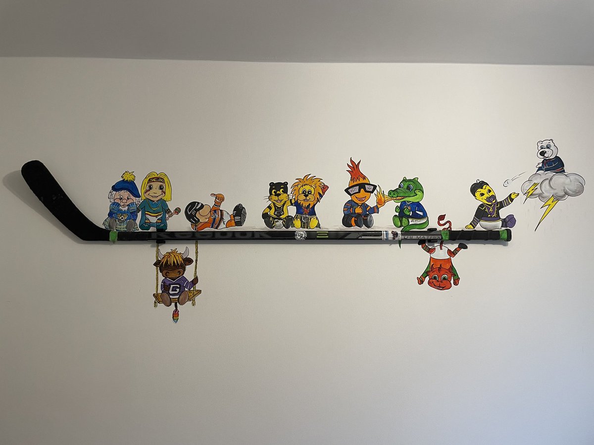 stuboy14's tweet photo. Seriously impressed by my wife @ToxicRabbit2 drawings in our baby's room! All the @officialEIHL mascots plus Edinburgh pawz as baby's sitting on her old hockey stick! https://t.co/5wggggGpYi
