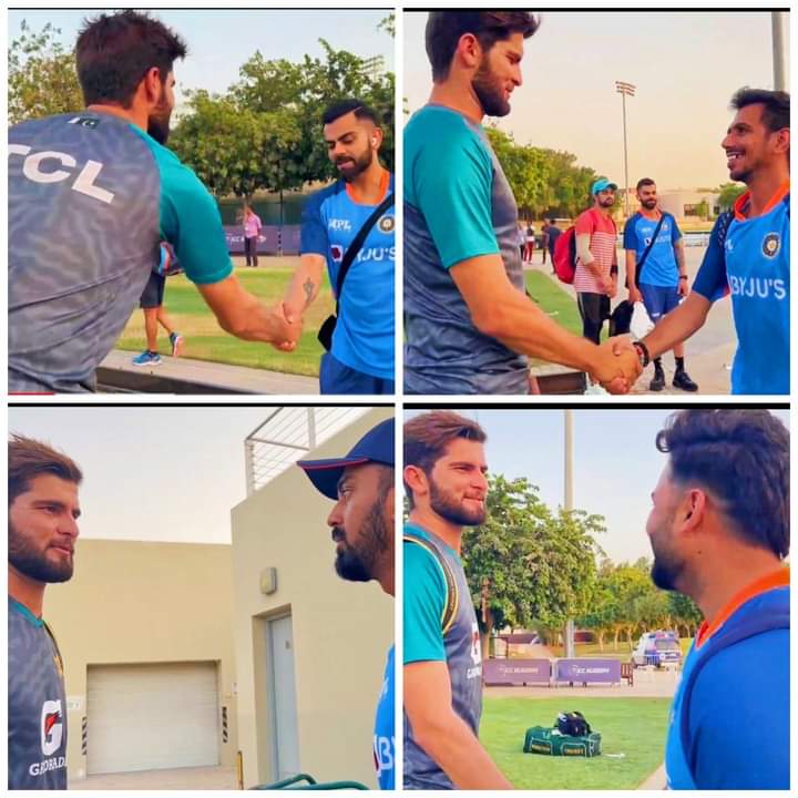 faizQaisar18's tweet photo. Today Virat Kohli, KL Rahul Chahal and Rishabh Pant met Shaheen Afridi and asked him about his injury.🙂💗 #cricket https://t.co/uBmfL8RhL9