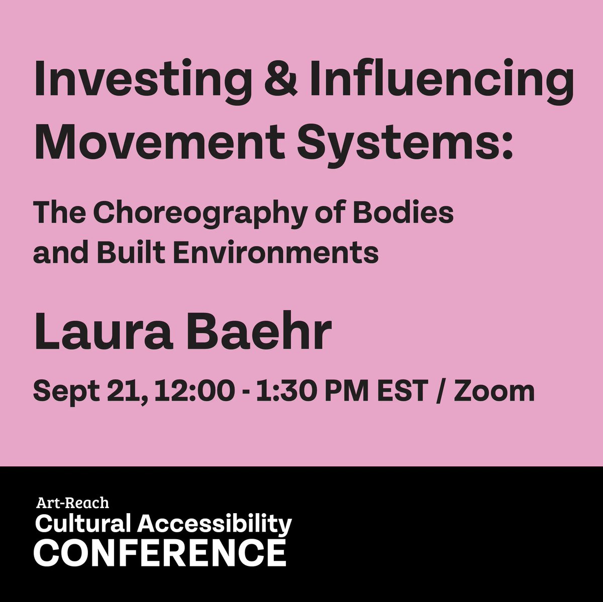 Join us for Art-Reach’s 4th annual Cultural Accessibility Conference! Tune in to learn from Physical Therapist, Dancer, and Ph.D. Candidate, Laura Baehr in her Live Session – The Choreography of bodies and Built Environments. 

To register check the link in the bio!