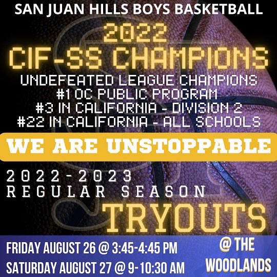 sjhhsbasketball's tweet photo. 🚨🔥🚨 #ATTENTION SAN JUAN HILLS BOYS! TOMORROW &amp; SATURDAY! #STALLIONS- come tryout for your #UNSTOPPABLE Boys Basketball program! Looking for players who want to #RFTB #GetBetterAndWin &amp; be #UNSTOPPABLE! @sjhhsathletics @sjhhsboosters @sjhhsfootball @sjhhsasb @OfficialSJHHS https://t.co/CSbqCByynn