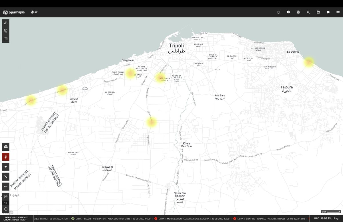 OpsmapiaLibya's tweet photo. Mobilisation uptick in #Tripoli this evening. Likely implementation of reported Joint Operations Room activation to defend against expected #GNS entry attempts. Alliance structures and defensive positions are becoming clearer following GNS offensive posturing. #Libya https://t.co/IDpjeviGjX