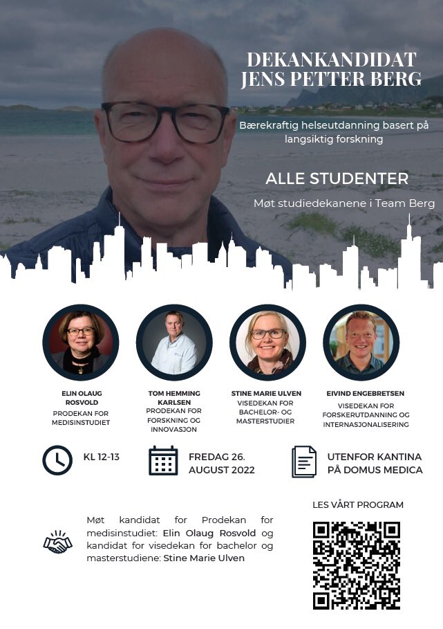 Møt Team Bergs dyktige studiedekan-kandidater utenfor kantina på Domus Medica fredag 26.8 kl 12-13.