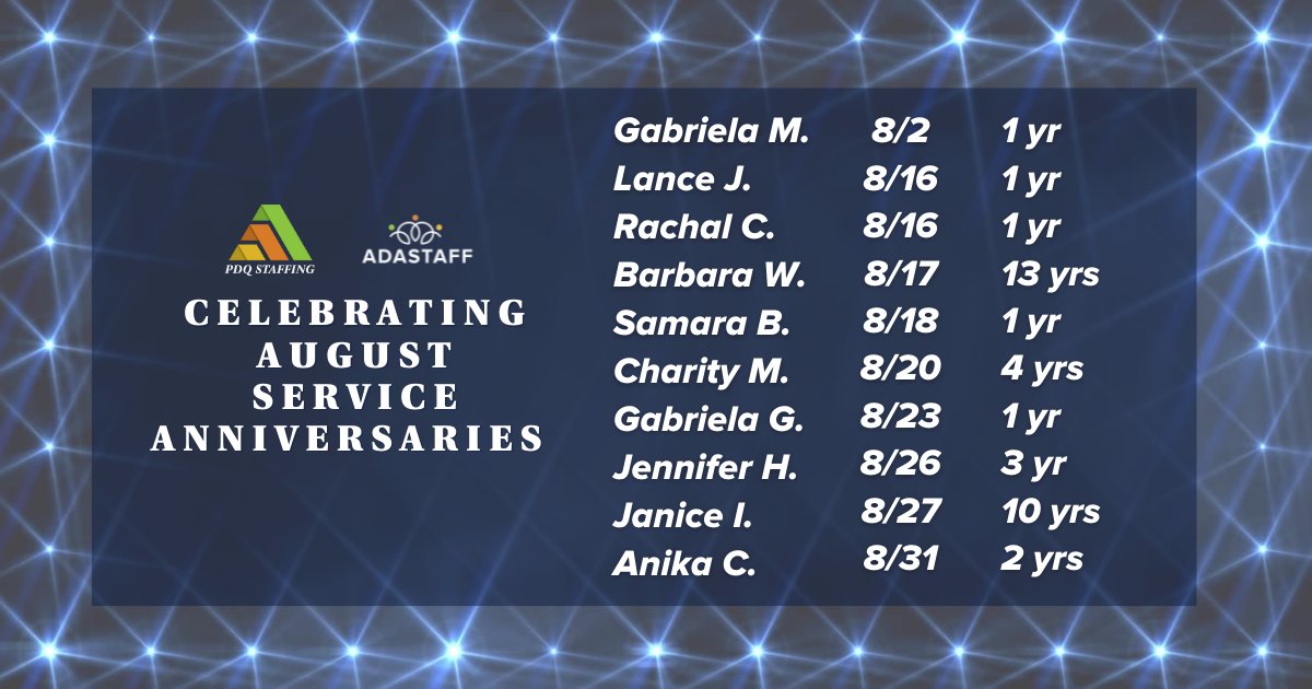 Spotlighting the talented people that have joined the PDQ Staffing and ADASTAFF family in the month of August. #Thankful to have such a dedicated and amazing group on our team! #employeeappreciation #workanniversary #serviceanniversaries #thankfulthursday