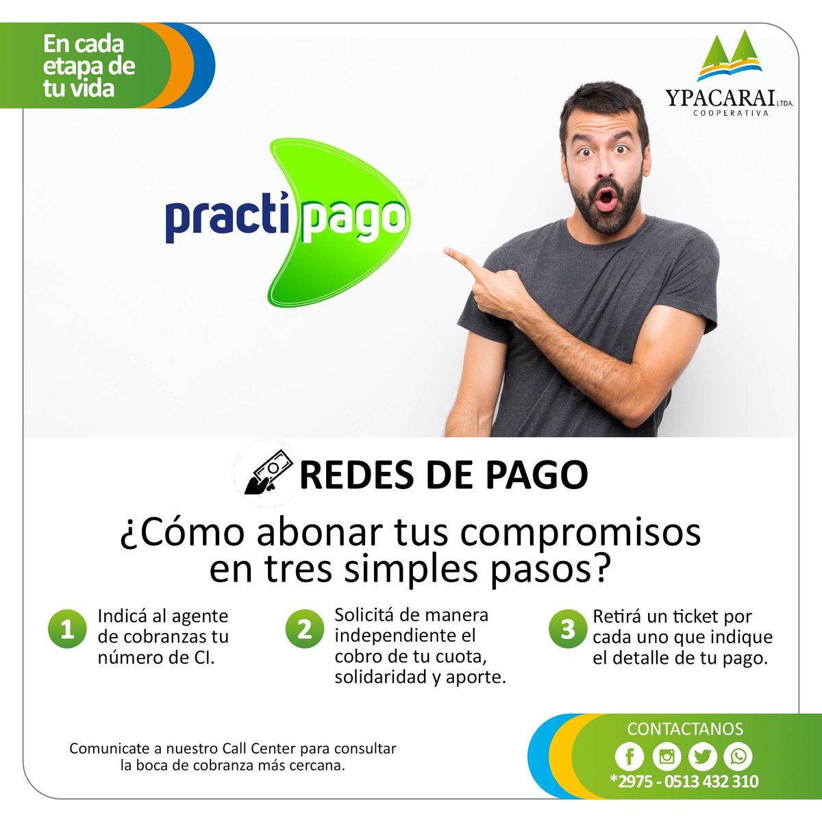 coopypacarai's tweet photo. ¡Estamos cada vez más cerca!
Ahora puedes abonar tus cuotas de préstamo, tarjeta de crédito, solidaridad y aporte en cualquier boca de cobranza de #practipago en 3 simples pasos https://t.co/W9SxmwAh7G