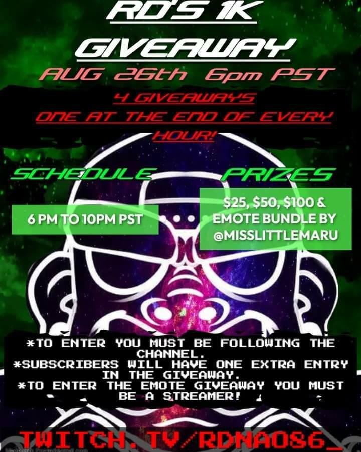 ninjakellycudi's tweet photo. #twitchfam Come celebrate with @RDNAO86 for hitting 1k followers on twitch 🥳🥳🥳🥳 he’s doing a giveaway and for my fellow streamers 👀 you can’t miss out! can’t wait to see y’all there ❣️ #homieshelphomiesalways https://t.co/zXe8GNeyRw